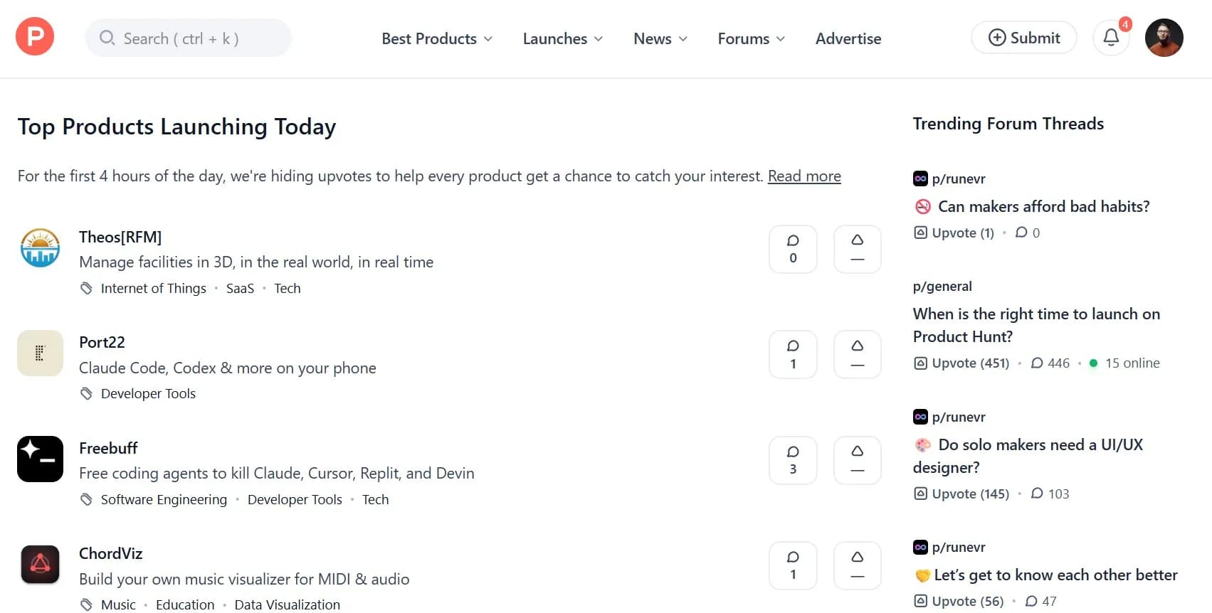 Product Hunt website homepage interface preview screenshot 2026